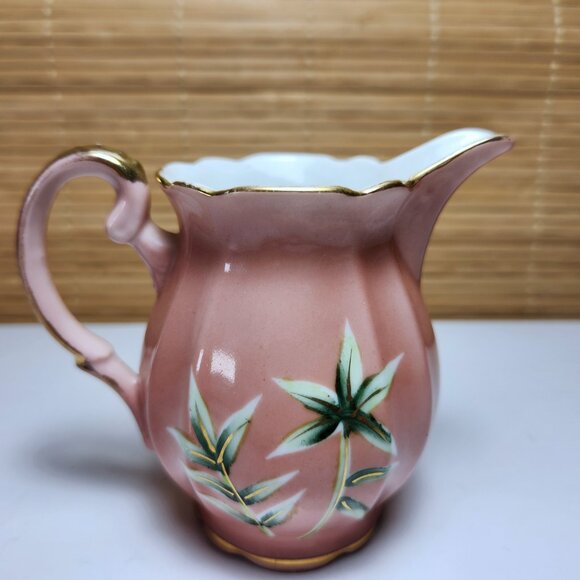 Shafford Pitcher Creamer Hand Painted Japan Pink with Green Leaves Gold Lustre - Picture 7 of 9